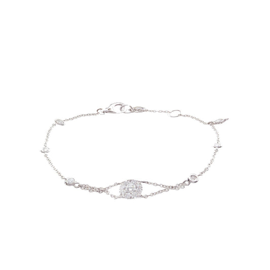 18K White Gold Chain Bracelet with Cluster Diamond Center And Round Cut Diamonds 0.50CT