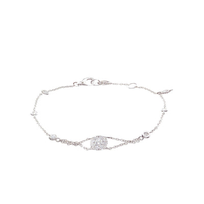 18K White Gold Chain Bracelet with Cluster Diamond Center And Round Cut Diamonds 0.50CT