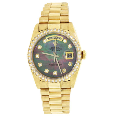 18K Yellow Gold Rolex Diamond Watch, Day Date President 36mm, Mother Of Pearl Diamond Dial With 1.75CT Diamond Bezel