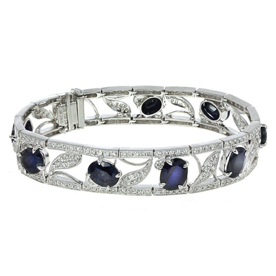 18K White Gold Diamond and Sapphire Floral Design Bangle With Round Cut Diamonds 3.69CT Sapphire Weight Is 18.73CT