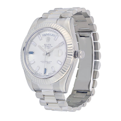 18K White Gold Rolex Day Date II President 218239 41MM Silver Dial with Index Markers