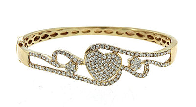 14K Yellow Gold Diamond Heart Bangle With Round Cut Diamonds 2.00CT