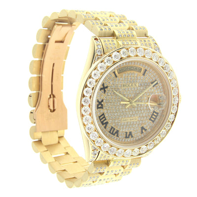 18K Yellow Gold Rolex Diamond Watch, Day Date President 36mm, Diamond with Roman Numerals dial W/ 12CT Diamond Bezel & Lugs