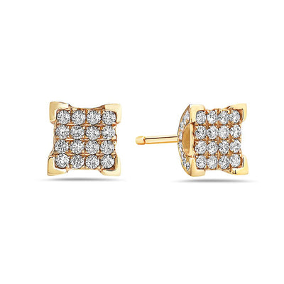 Unisex 14K Square Yellow Gold  Earrings With Round Shaped Diamonds