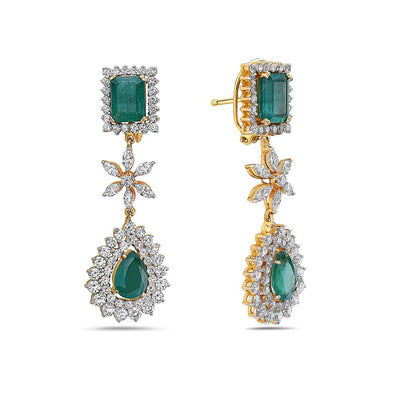 18K Yellow Gold Ladies Earrings With White: 6.77 CTW Emerald: 12.09 CTW Diamonds