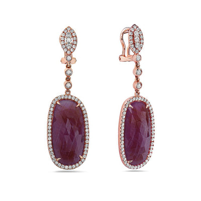 18K Rose Gold Ladies Earrings With Ruby And Diamonds