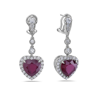 18K White Gold Ladies Heart Shaped Earrings With Ruby And Diamonds