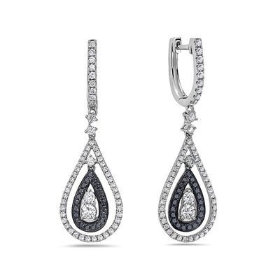 18K White Gold Ladies Tears Shaped Earrings With  Black And White Diamonds