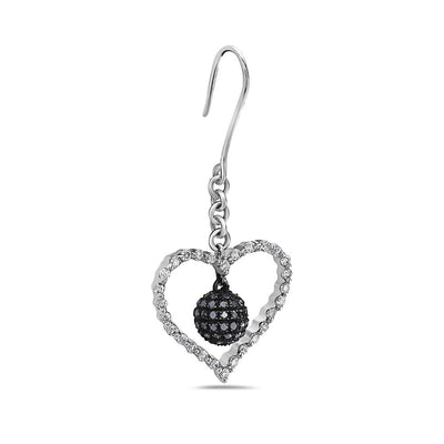 14K White Gold Ladies Heart Shaped Earrings With White And Black Diamonds