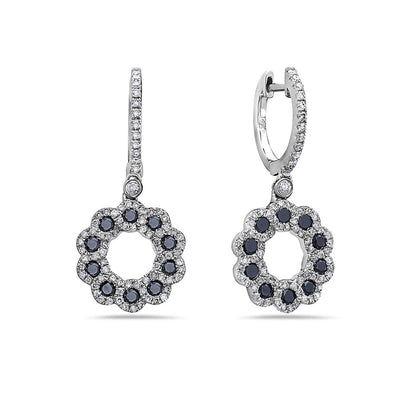 14K White Gold Flower Shaped Ladies Earrings With Black Diamonds