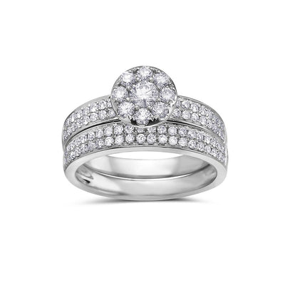 Ladies 14k White Gold Halo Ring With 1.08 CT Bridal Set