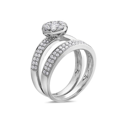 Ladies 14k White Gold Halo Ring With 1.08 CT Bridal Set