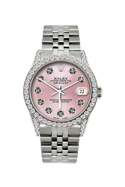 Rolex Datejust Diamond Watch, 36mm, Stainless Steel Red Light Pink Dial w/ Diamond Bezel and Lugs