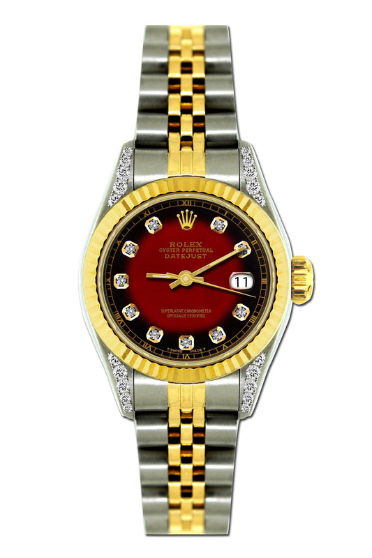 Rolex Datejust Diamond Watch, 26mm, Yellow Gold and Stainless Steel Bracelet Red and Black Dial w/ Diamond Lugs