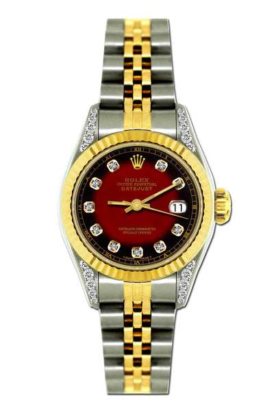 Rolex Datejust Diamond Watch, 26mm, Yellow Gold and Stainless Steel Bracelet Red and Black Dial w/ Diamond Lugs