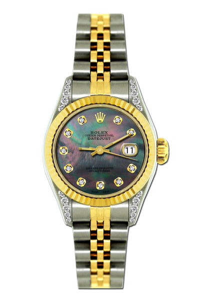 Rolex Datejust Diamond Watch, 26mm, Yellow Gold and Stainless Steel Bracelet Black Mother of Pearl Dial w/ Diamond Lugs