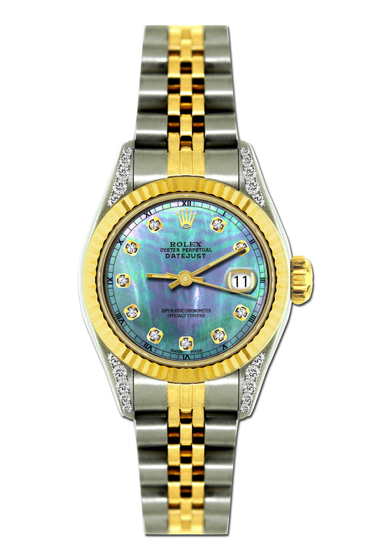 Rolex Datejust Diamond Watch, 26mm, Yellow Gold and Stainless Steel Bracelet blue Mother of Pearl Dial w/ Diamond Lugs