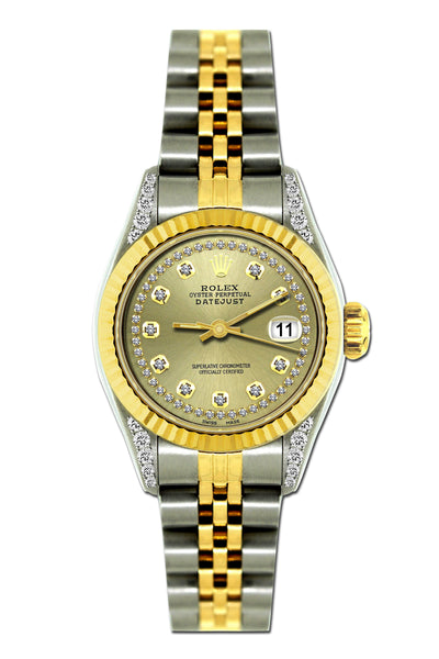 Rolex Datejust Diamond Watch, 26mm, Yellow Gold and Stainless Steel Bracelet Gold Dial w/ Diamond Lugs