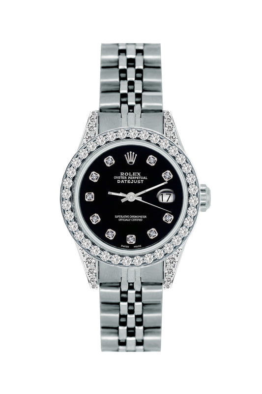 Rolex Datejust Diamond Watch, 26mm, Stainless SteelBracelet Black Russian Dial w/ Diamond Bezel and Lugs