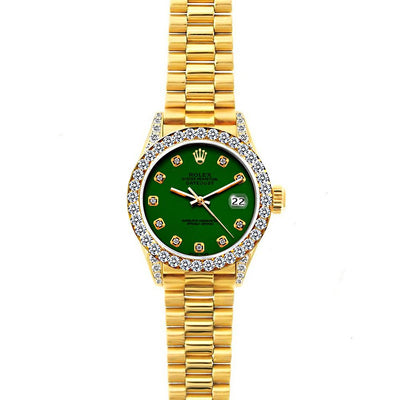 18k Yellow Gold Rolex Datejust Diamond Watch, 26mm, President Bracelet Myrtle Dial w/ Diamond Bezel and Lugs