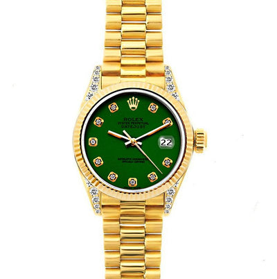 18k Yellow Gold Rolex Datejust Diamond Watch, 26mm, President Bracelet Myrtle Dial w/ Diamond Lugs