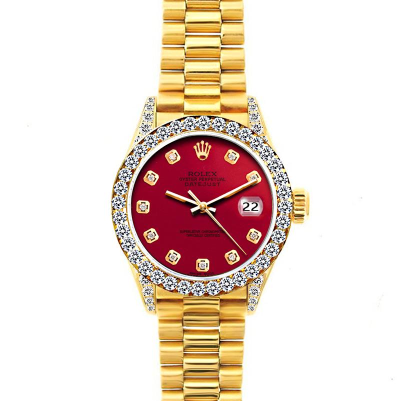 18k Yellow Gold Rolex Datejust Diamond Watch, 26mm, President Bracelet Cardinal w/ Diamond Bezel and Lugs