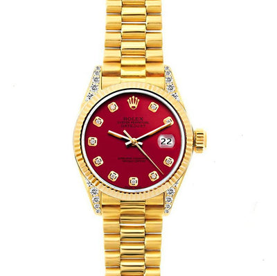 18k Yellow Gold Rolex Datejust Diamond Watch, 26mm, President Bracelet Cardinal Dial w/ Diamond Lugs