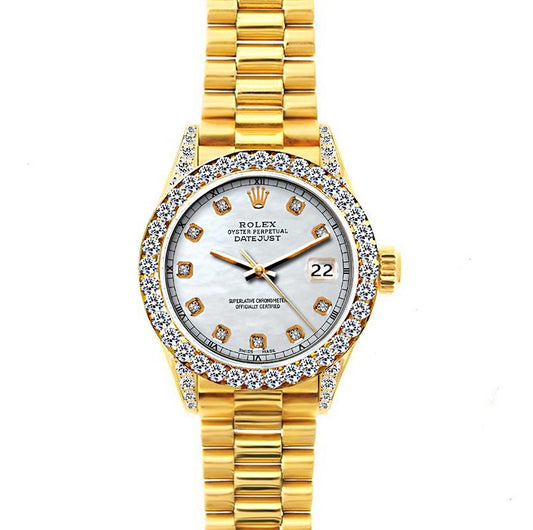 18k Yellow Gold Rolex Datejust Diamond Watch, 26mm, President Bracelet Old Lace w/ Diamond Bezel and Lugs