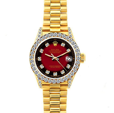 18k Yellow Gold Rolex Datejust Diamond Watch, 26mm, President Bracelet Red and Black w/ Diamond Bezel and Lugs