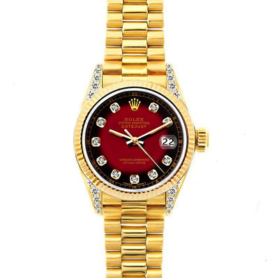 18k Yellow Gold Rolex Datejust Diamond Watch, 26mm, President Bracelet Red and Black Dial w/ Diamond Lugs