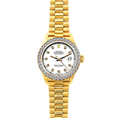 18k Yellow Gold Rolex Datejust Diamond Watch, 26mm, President Bracelet White Dial w/ Diamond Bezel