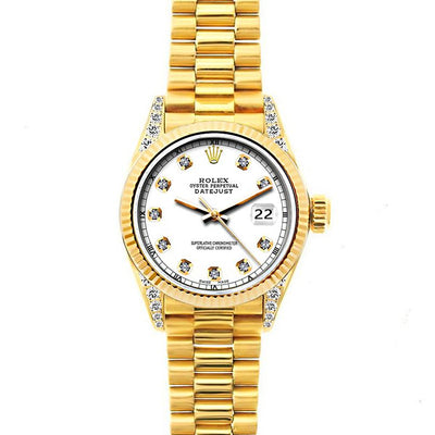 18k Yellow Gold Rolex Datejust Diamond Watch, 26mm, President Bracelet White Dial w/ Diamond Lugs