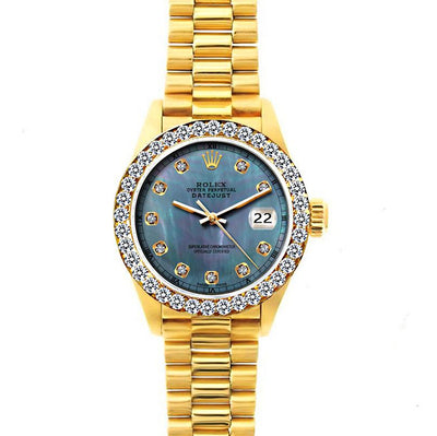 18k Yellow Gold Rolex Datejust Diamond Watch, 26mm, President Bracelet Pearl Blue Dial w/ Diamond Bezel