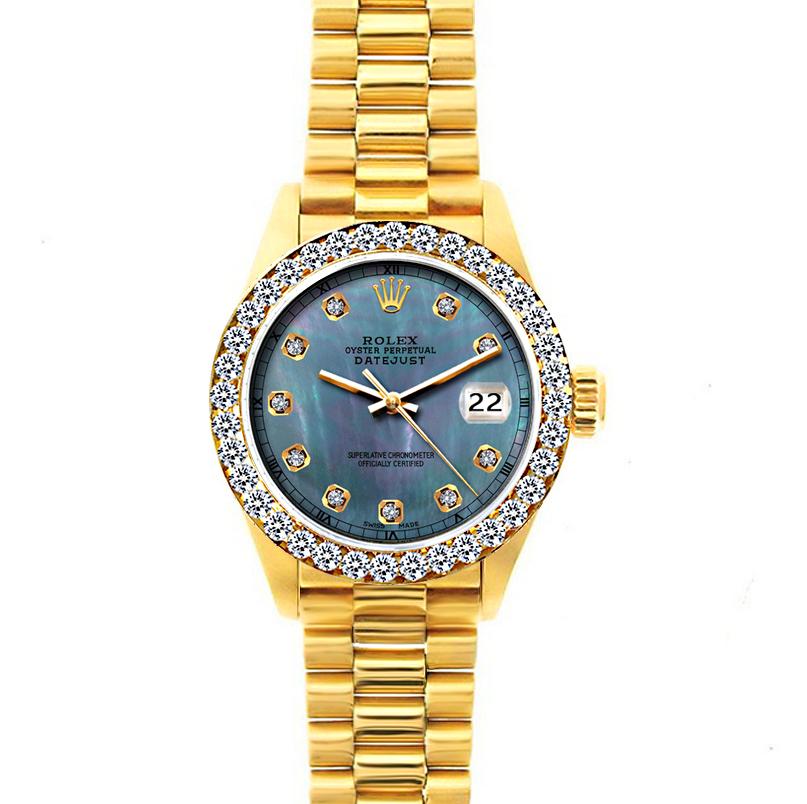 18k Yellow Gold Rolex Datejust Diamond Watch, 26mm, President Bracelet Black Mother of Pearl Dial w/ Diamond Bezel