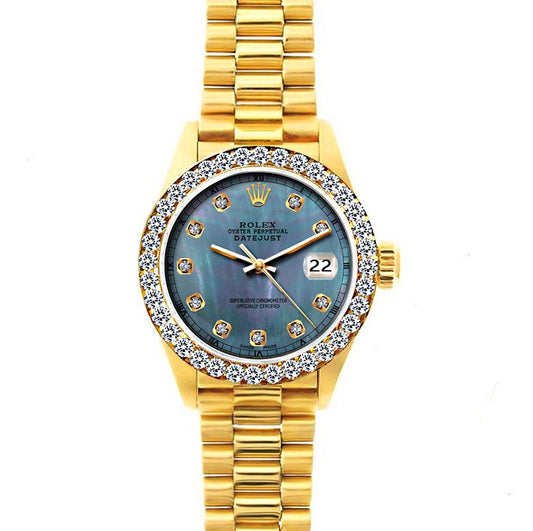 18k Yellow Gold Rolex Datejust Diamond Watch, 26mm, President Bracelet Black Mother of Pearl Dial w/ Diamond Bezel