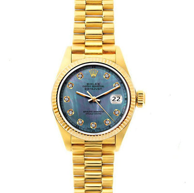 Rolex Datejust 26mm 18k Yellow Gold President Bracelet Blue Mother of Pearl Dial