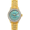 18k Yellow Gold Rolex Datejust Diamond Watch, 26mm, President Bracelet Blue Green Dial w/ Diamond Bezel and Lugs