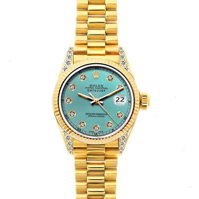 18k Yellow Gold Rolex Datejust Diamond Watch, 26mm, President Bracelet Blue Green Dial w/ Diamond Lugs