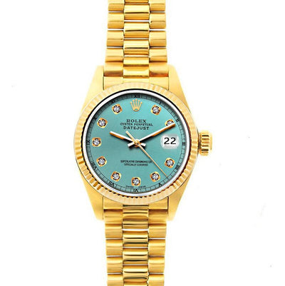 Rolex Datejust 26mm 18k Yellow Gold President Bracelet Blue Green Dial