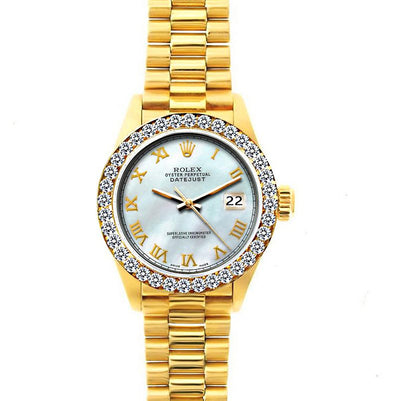 18k Yellow Gold Rolex Datejust Diamond Watch, 26mm, President Bracelet White Mother of Pearl Dial w/ Diamond Bezel