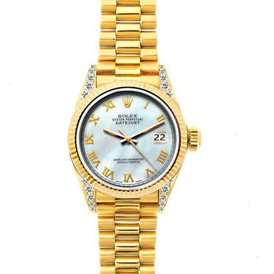 18k Yellow Gold Rolex Datejust Diamond Watch, 26mm, President Bracelet White Mother of Pearl Dial w/ Diamond Lugs