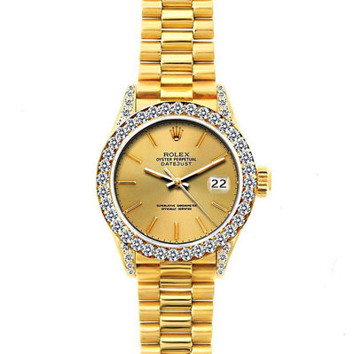 18k Yellow Gold Rolex Datejust Diamond Watch, 26mm, President Bracelet Yellow Gold Dial w/ Diamond Bezel and Lugs