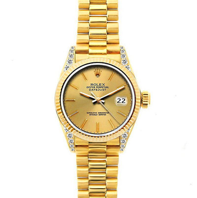 18k Yellow Gold Rolex Datejust Diamond Watch, 26mm, President Bracelet Yellow Gold Dial w/ Diamond Lugs