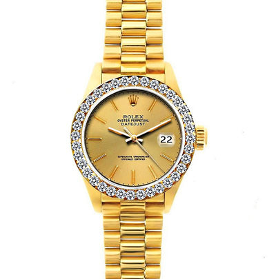 18k Yellow Gold Rolex Datejust Diamond Watch, 26mm, President Bracelet Yellow Gold Dial w/ Diamond Bezel