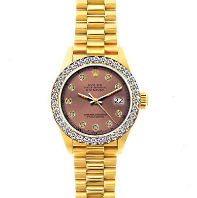 18k Yellow Gold Rolex Datejust Diamond Watch, 26mm, President Bracelet Earthern Dial w/ Diamond Bezel