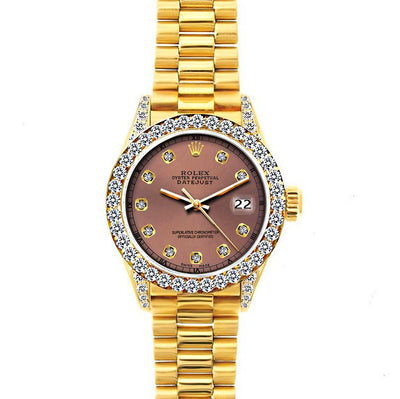 18k Yellow Gold Rolex Datejust Diamond Watch, 26mm, President Bracelet Earthern Dial w/ Diamond Bezel and Lugs