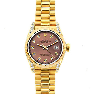 18k Yellow Gold Rolex Datejust Diamond Watch, 26mm, President Bracelet Earthern Dial w/ Diamond Lugs