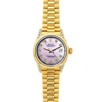 18k Yellow Gold Rolex Datejust Diamond Watch, 26mm, President Bracelet Lavender Dial w/ Diamond Lugs