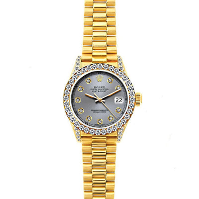 18k Yellow Gold Rolex Datejust Diamond Watch, 26mm, President Bracelet Gray Dial w/ Diamond Bezel and Lugs