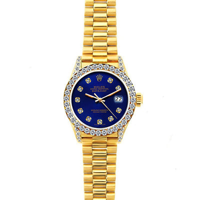 18k Yellow Gold Rolex Datejust Diamond Watch, 26mm, President Bracelet Ultramarine w/ Diamond Bezel and Lugs